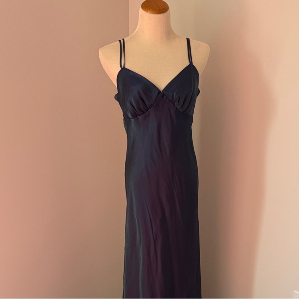 Navy Satin Slip Dress with Double Straps